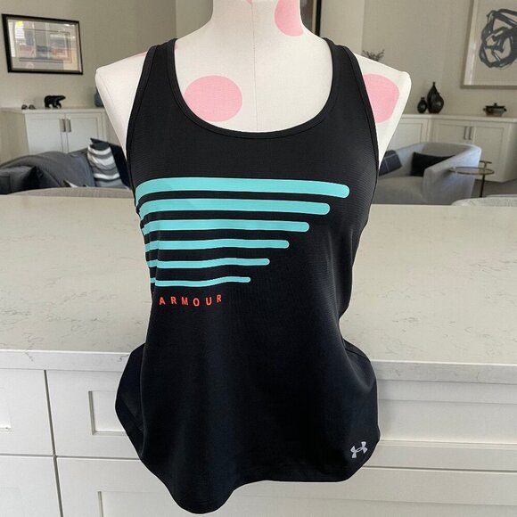 Under Armour Athletic RB Loose Heat Gear Ribbed Running Top Black Blue Org Sz XS - Picture 1 of 9